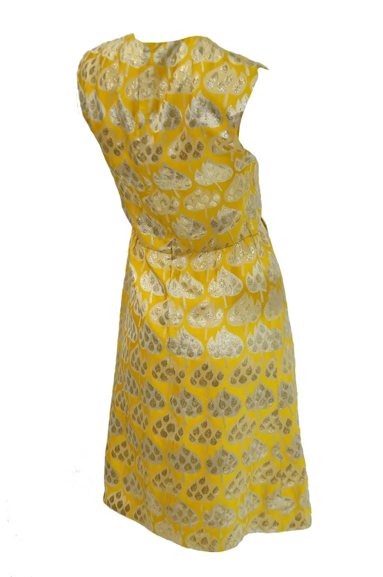 1960s Mollie Parnis Gold and Yellow Leaf Print Cocktail Dress