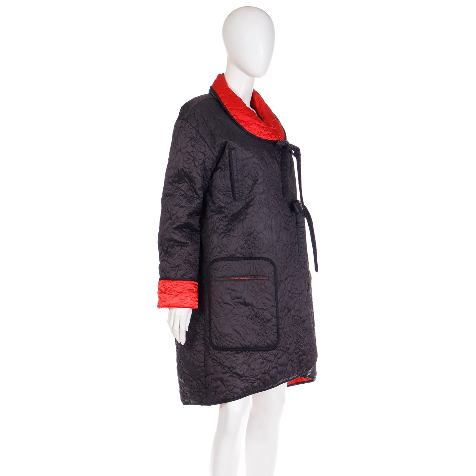 1980s Sonia Rykiel Vintage Reversible Quilted Red & Black Coat W Hood