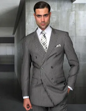 2pc Pinstripe Double Breasted Suit. Regular Fit Pleated Pants | DB-Zarelli | Grey