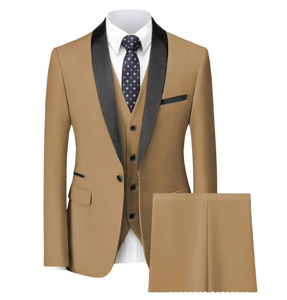 3 Piece Single Button Closure Shawl Lapel Men's Suit (Blazer Vest Pants)