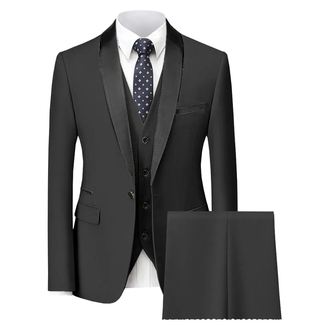 3 Piece Single Button Closure Shawl Lapel Men's Suit (Blazer Vest Pants)