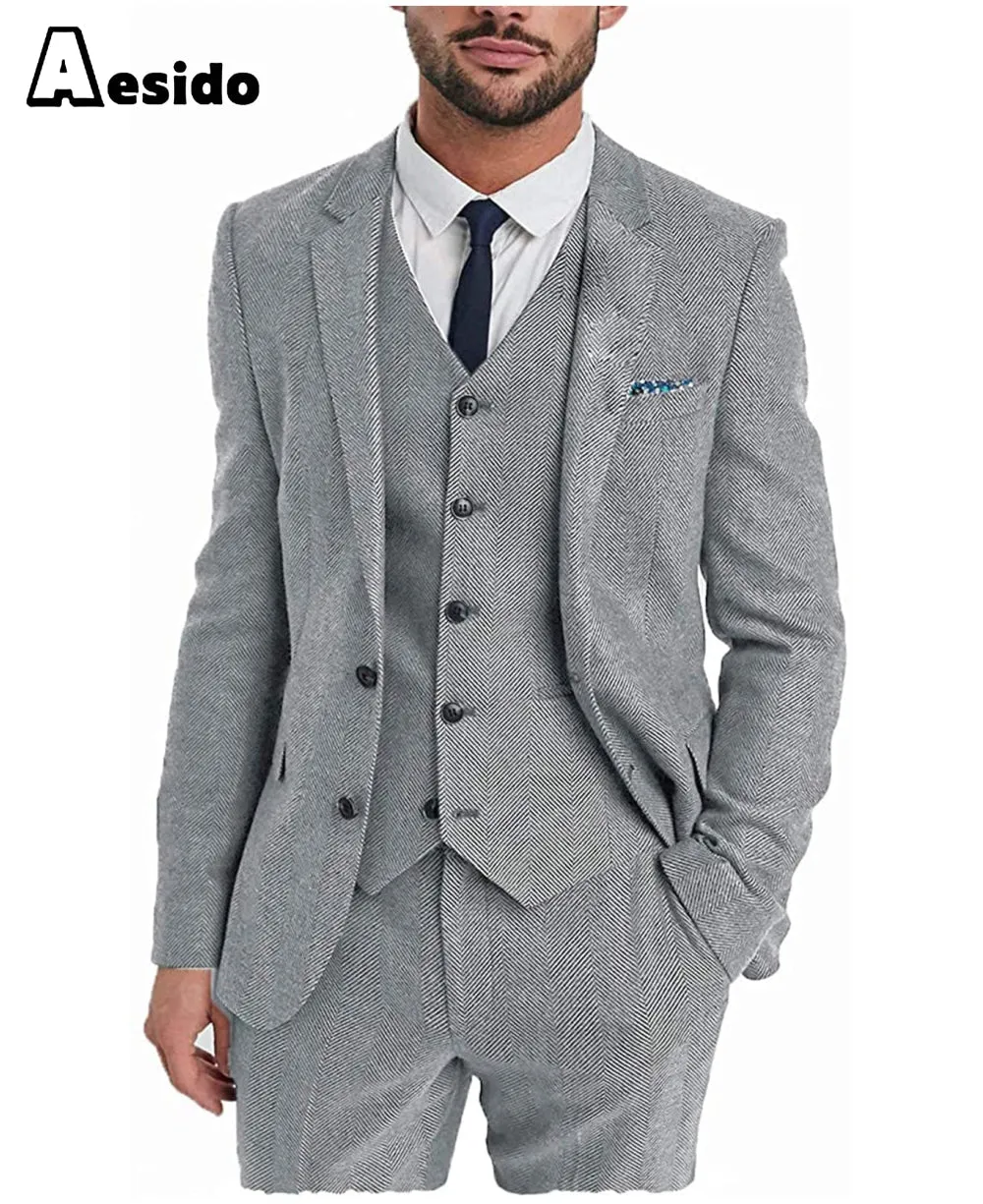 3 Pieces Mens Suit Herringbone Notch Lapel Blazer For Wedding (Blazer vest Pants)