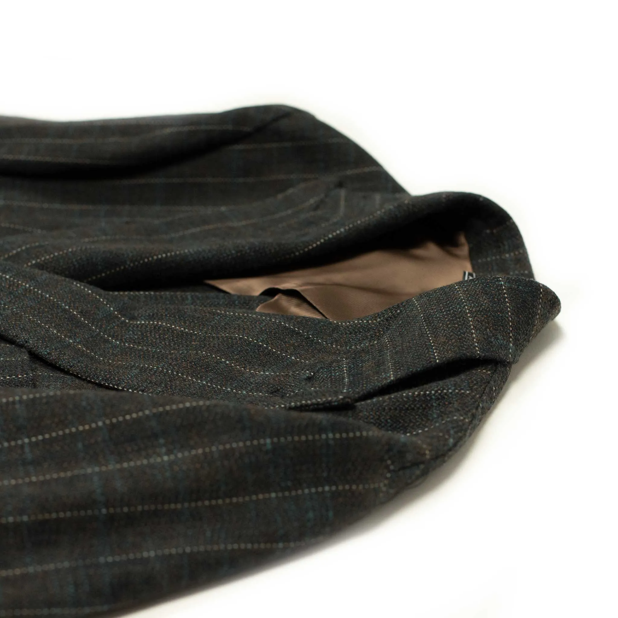 Aareseant double breasted suit in charcoal, teal, and rust retro stripe cotton and wool tweed