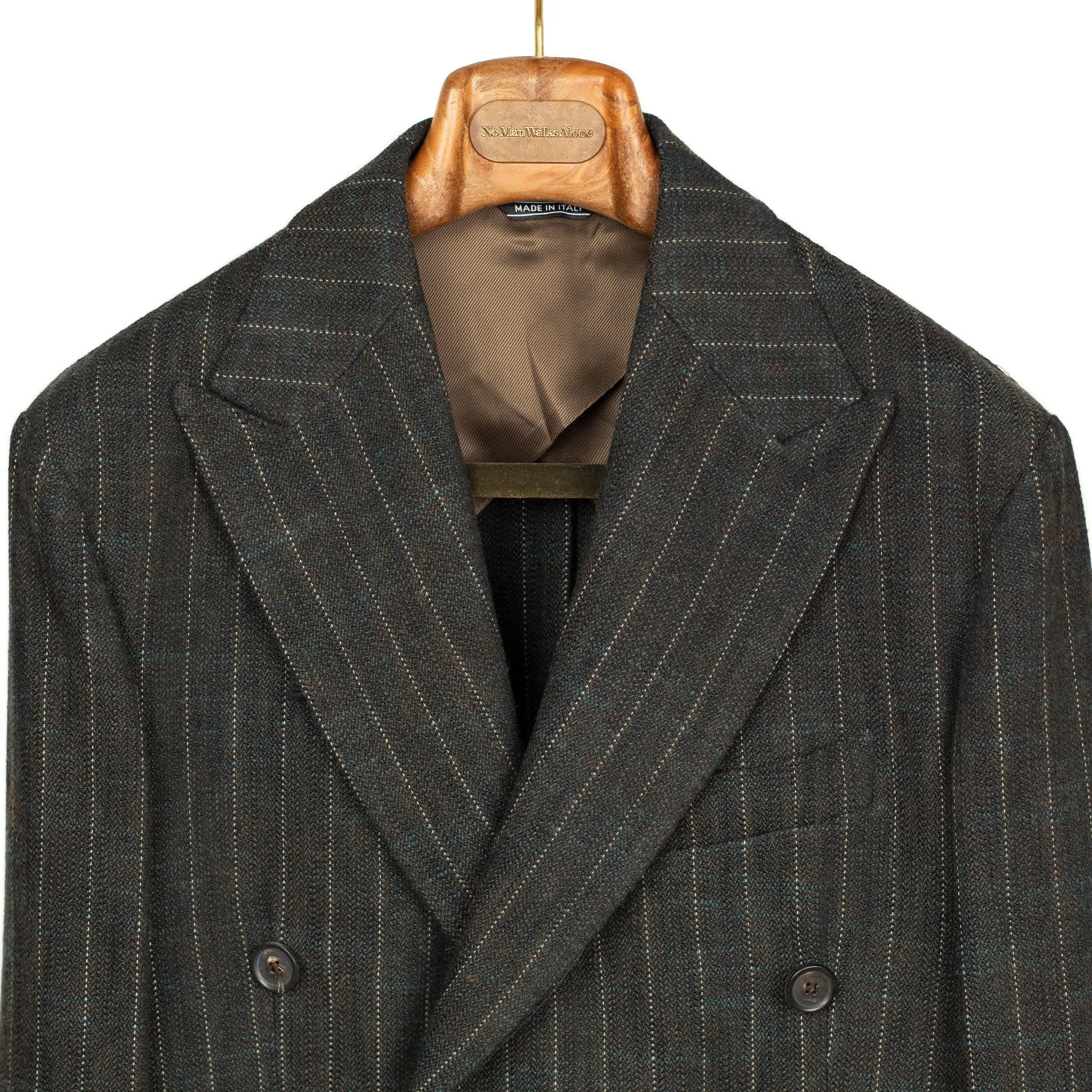 Aareseant double breasted suit in charcoal, teal, and rust retro stripe cotton and wool tweed