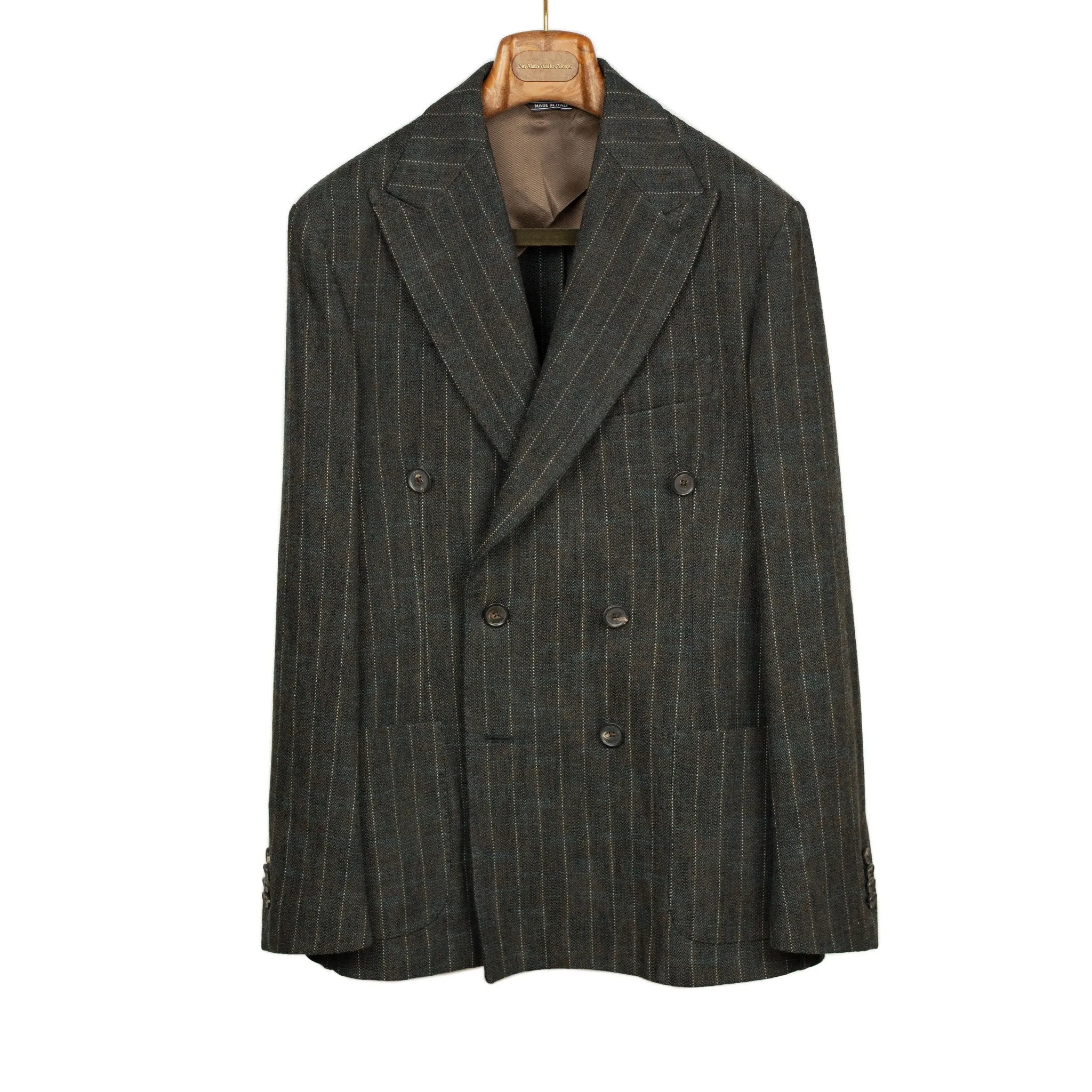 Aareseant double breasted suit in charcoal, teal, and rust retro stripe cotton and wool tweed