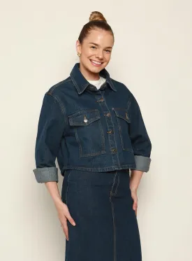 Adia Cropped Denim Jacket-DARK BLUE