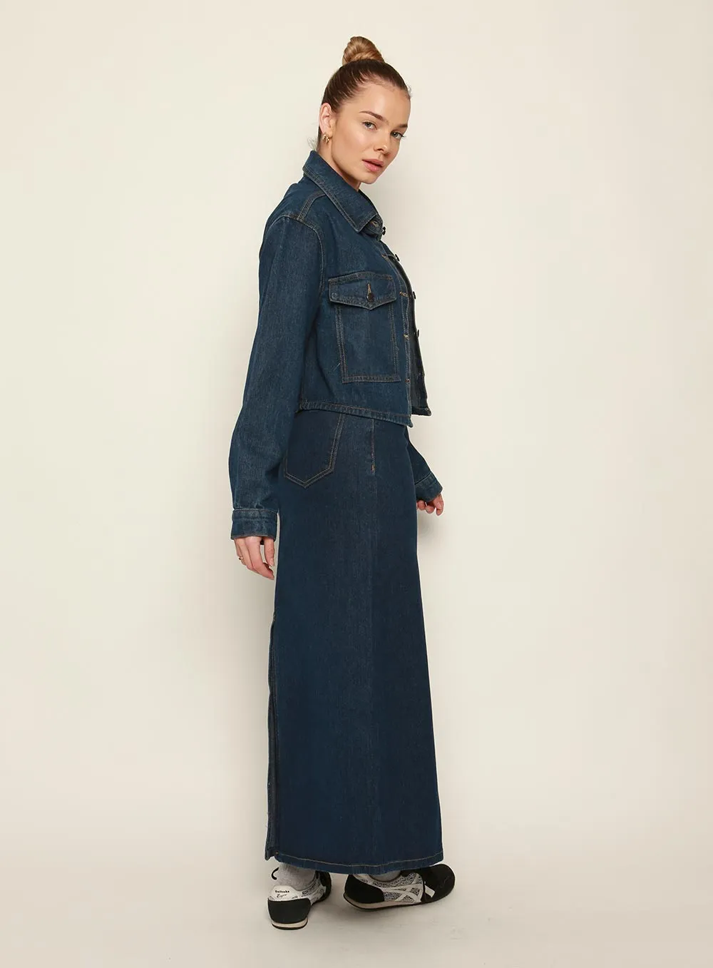 Adia Cropped Denim Jacket-DARK BLUE