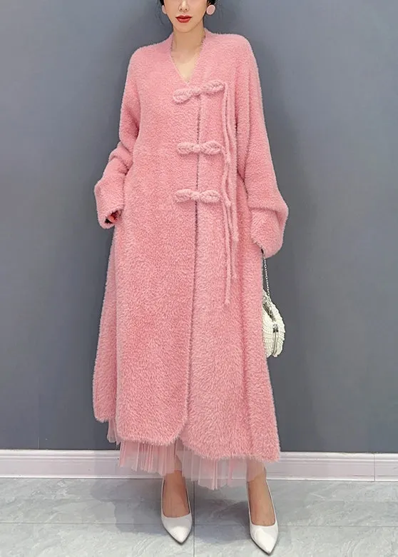 Beautiful Pink V Neck Button Woolen Trench Coat Long Sleeve ML1447