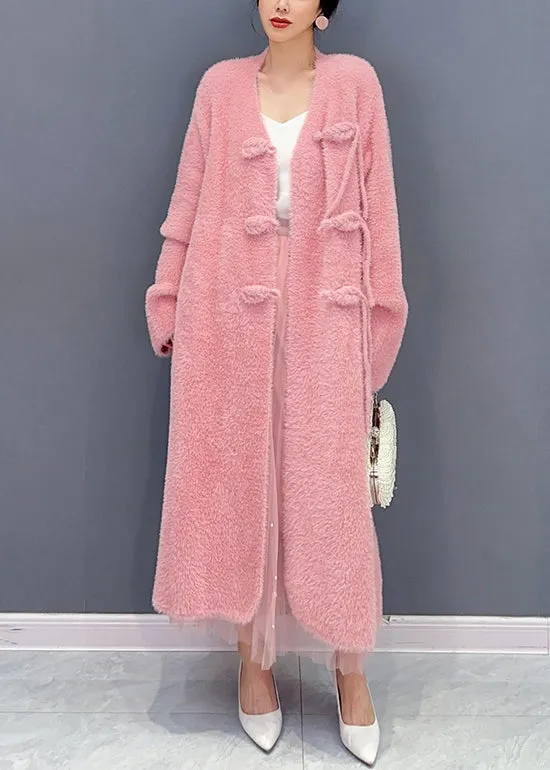 Beautiful Pink V Neck Button Woolen Trench Coat Long Sleeve ML1447