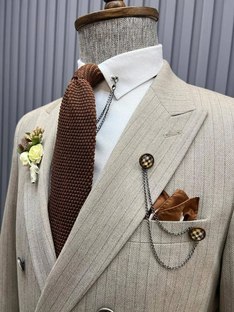 Beige Double Breasted Suit