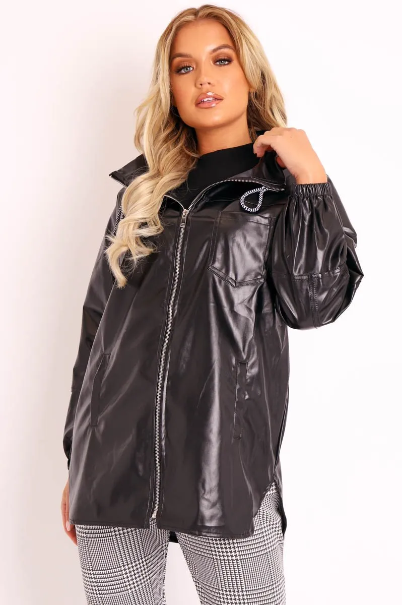 Black Faux Leather Hooded Jacket - Cerena