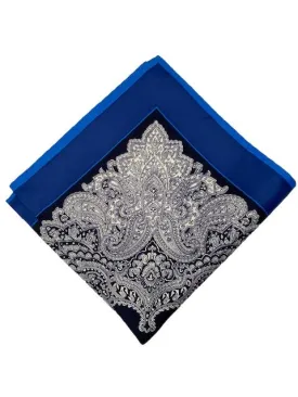 Black Paisley Silk Pocket Square with Blue Border