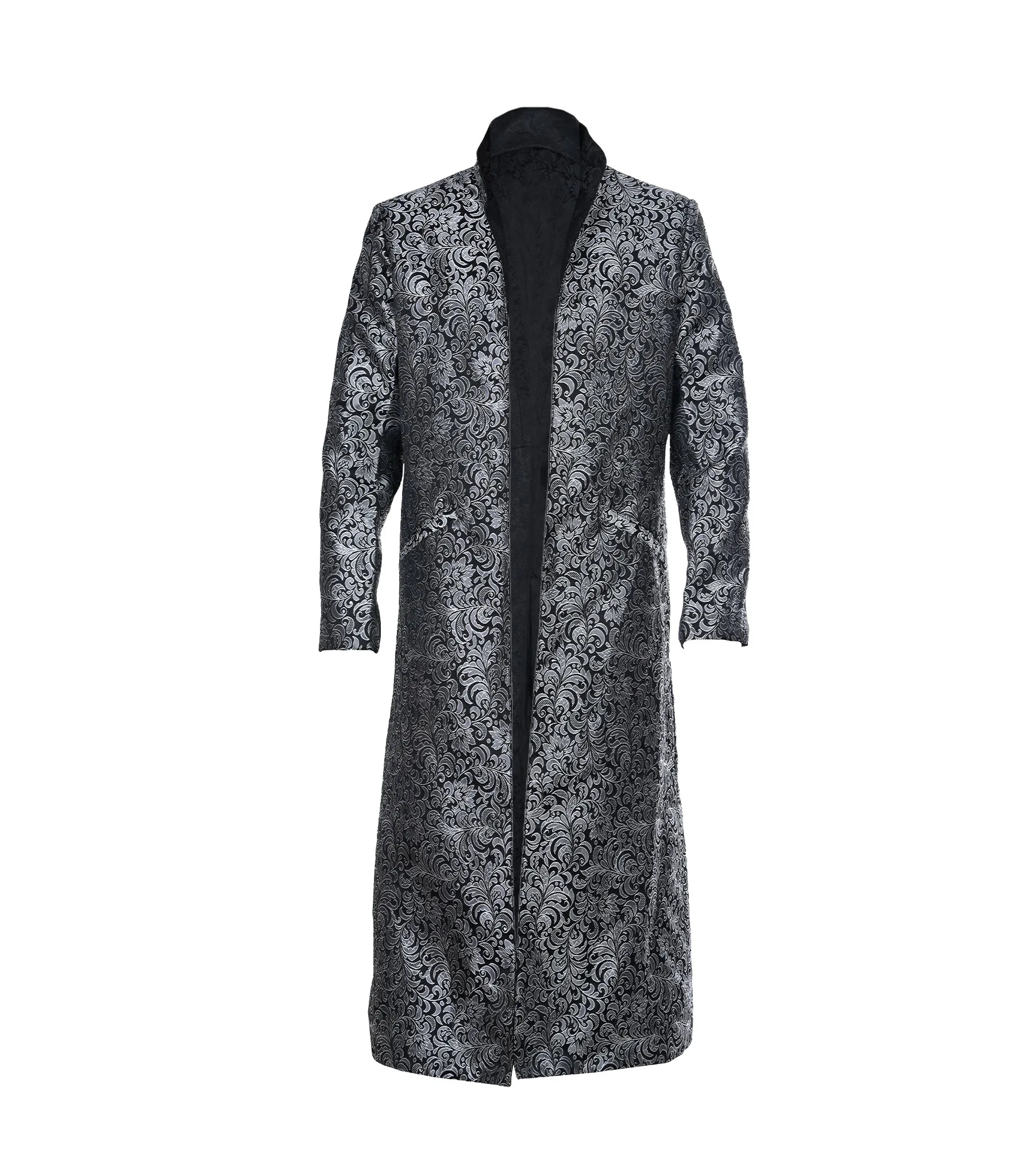 Black/Silver Brocade Mens Reversible Long Coat - Wholesale