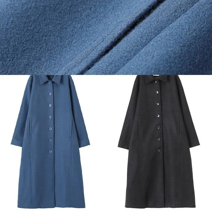 blue Woolen Coats Women oversize Notched tie waist long coat