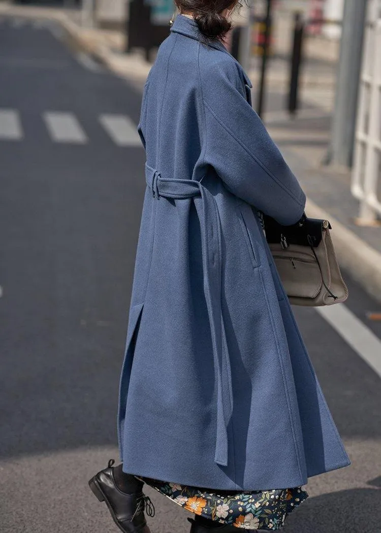 blue Woolen Coats Women oversize Notched tie waist long coat