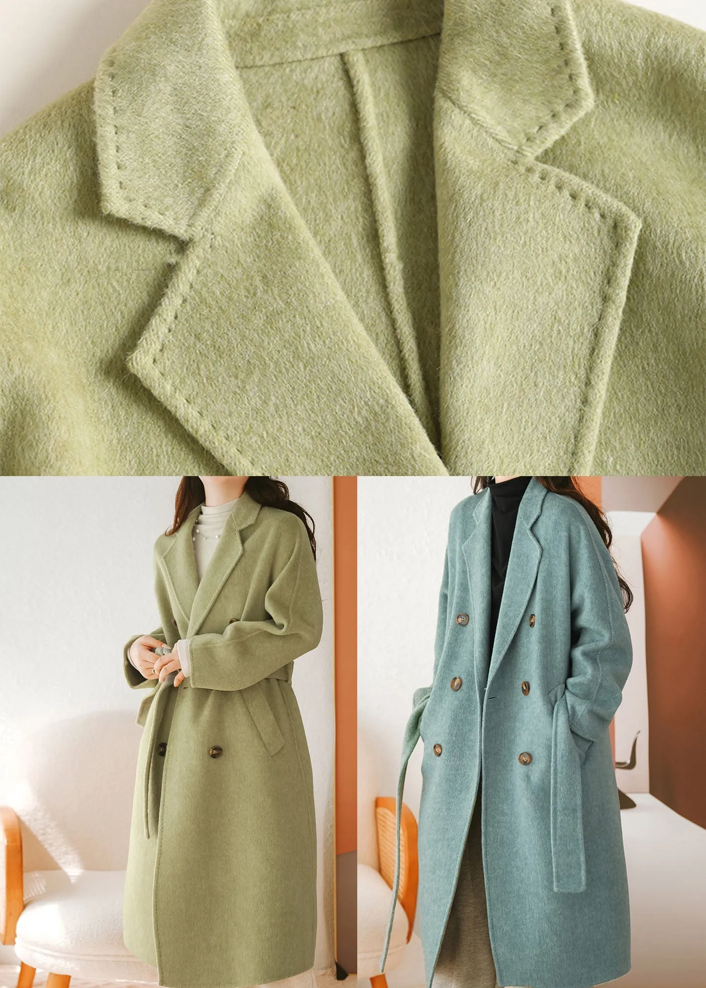 Bohemian Green Peter Pan Collar Sashes Woolen Coat Fall