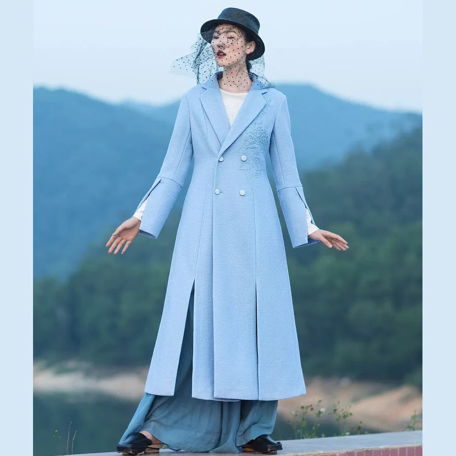 boutique light blue Woolen Coat Women Loose fitting long coat open long sleeve embroidery coats