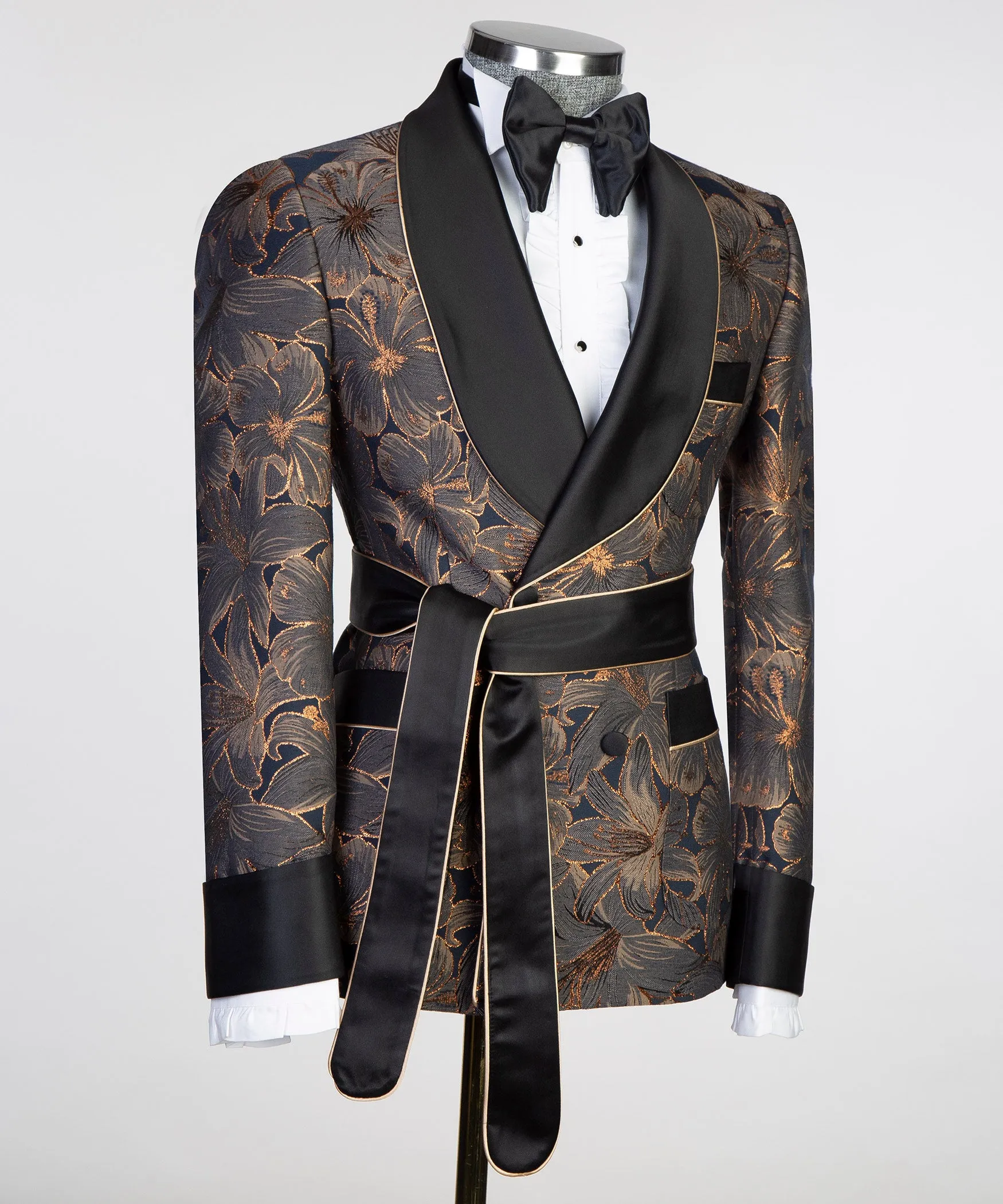 Brown Double Breasted Lapel Belted Suit