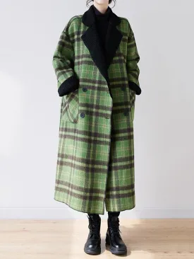 Buttoned Plaid Pockets Reversible Long Sleeves Loose Notched Collar Woolen Coat Outerwear