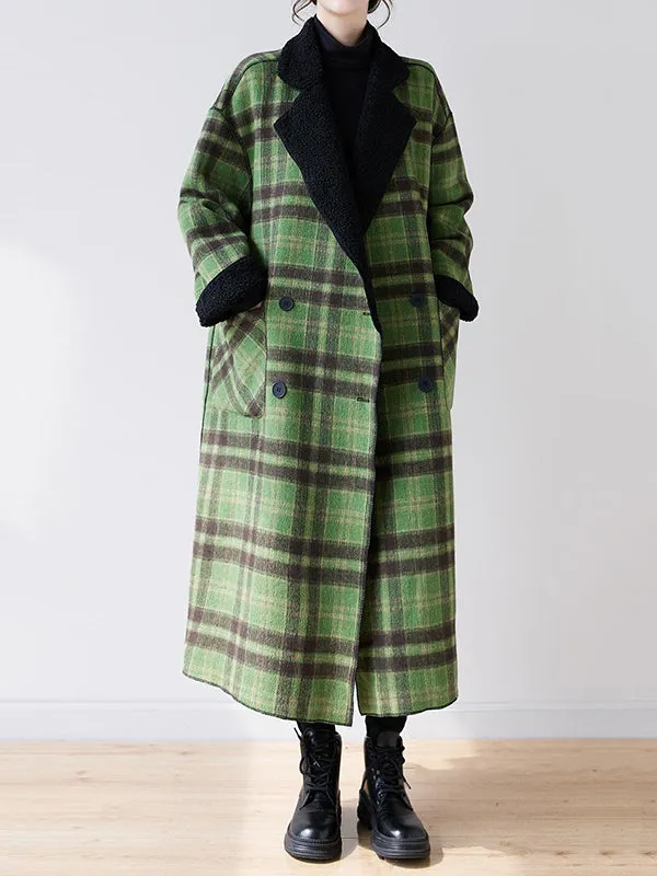 Buttoned Plaid Pockets Reversible Long Sleeves Loose Notched Collar Woolen Coat Outerwear