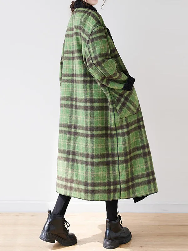 Buttoned Plaid Pockets Reversible Long Sleeves Loose Notched Collar Woolen Coat Outerwear