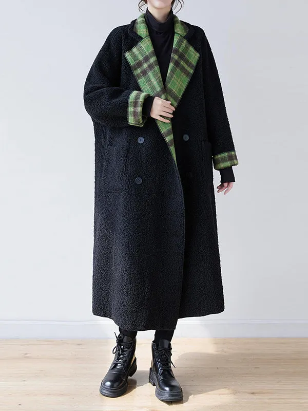 Buttoned Plaid Pockets Reversible Long Sleeves Loose Notched Collar Woolen Coat Outerwear