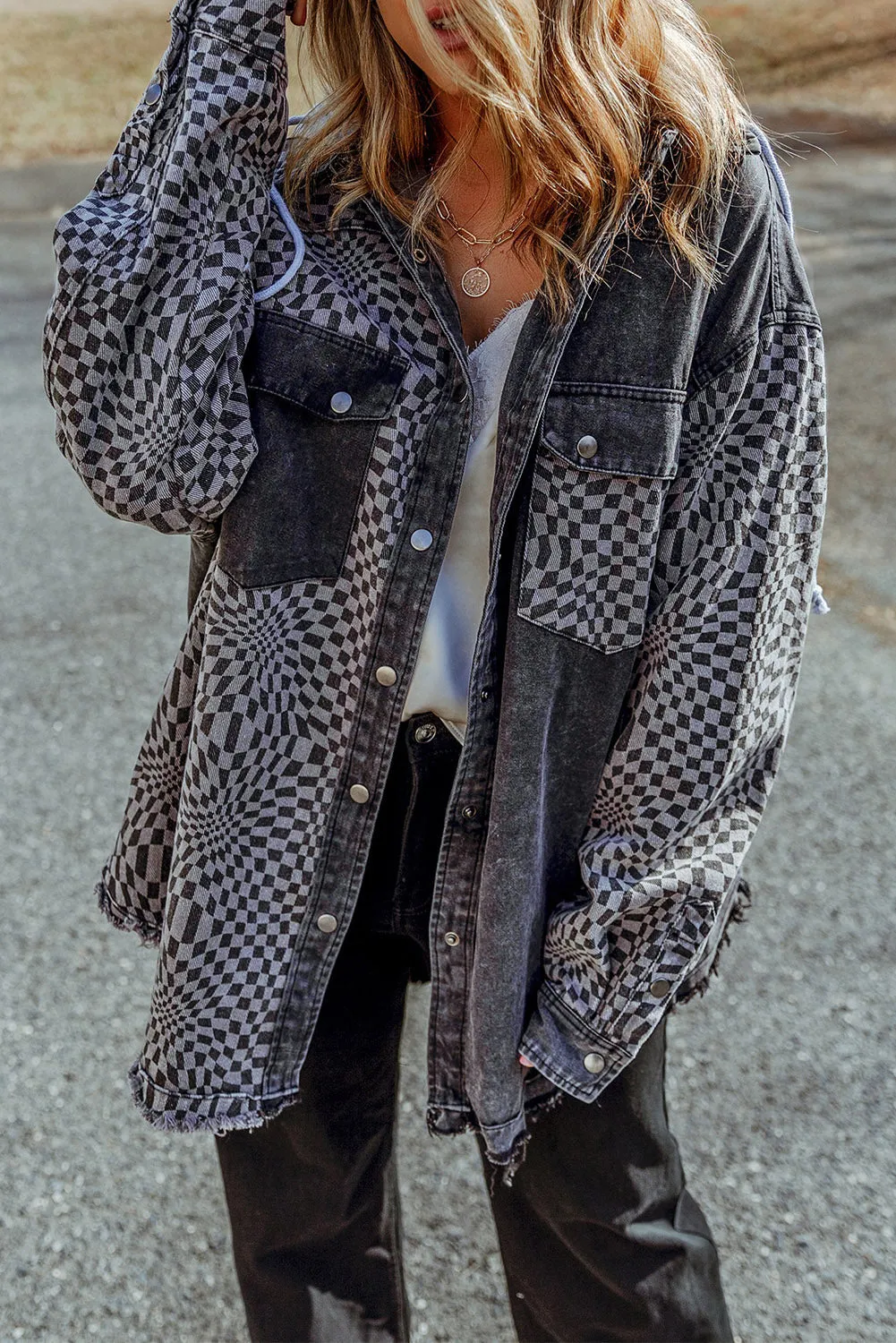 Checker Raw Hem Drawstring Hooded Jacket