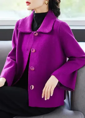 Classy Purple Peter Pan Collar Pockets  Woolen Coat Fall ML3317