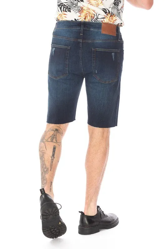 Dark Blue Denim Shorts Distressed Rip Slim Skinny