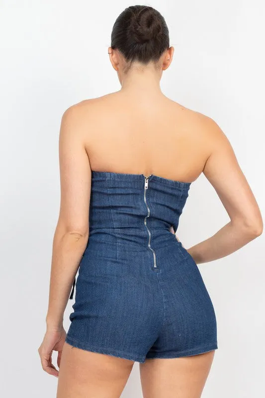 Dark Denim Lace-up Detailed Tube Top Romper