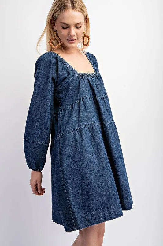 Dark Denim Tiered Denim Long Sleeve Dress