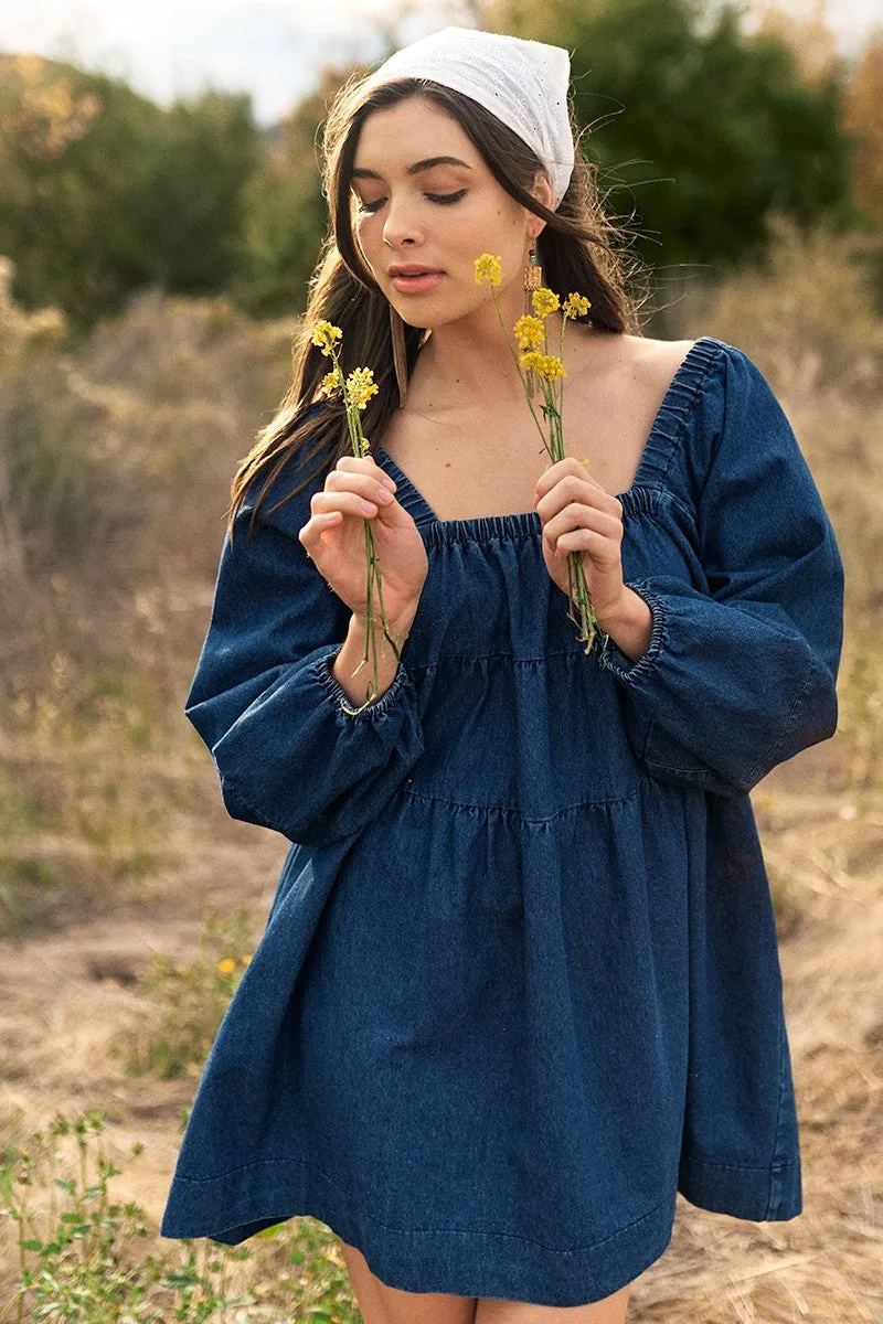 Dark Denim Tiered Denim Long Sleeve Dress