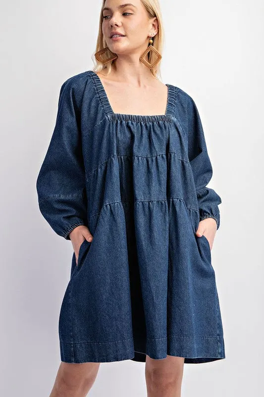 Dark Denim Tiered Denim Long Sleeve Dress