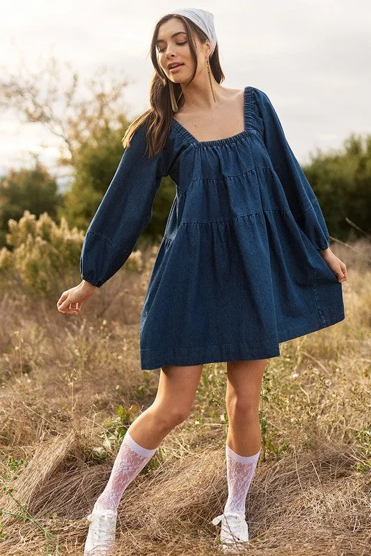 Dark Denim Tiered Denim Long Sleeve Dress