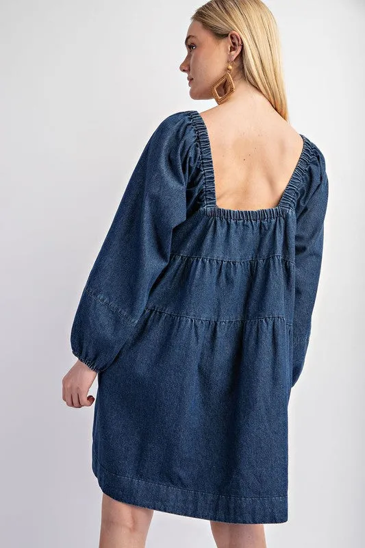 Dark Denim Tiered Denim Long Sleeve Dress