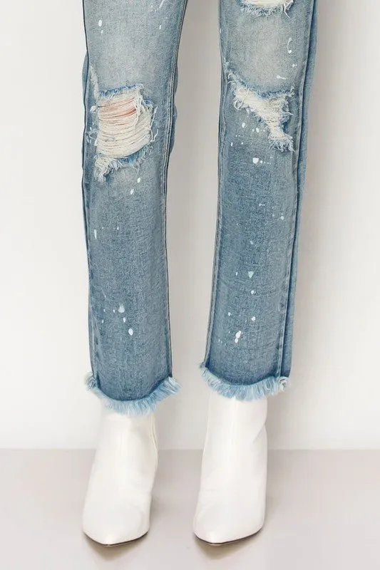 DISTRESSED FRAYED STRAIGHT LEG DENIM