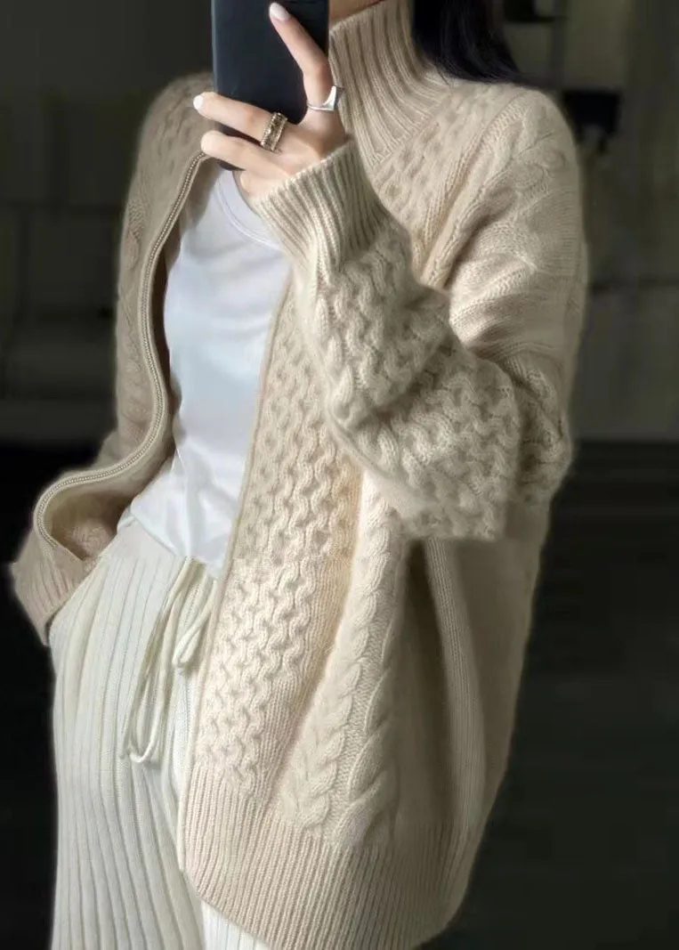 DIY Beige Zip Up Casual Woolen Knitted Tops Coat OO016