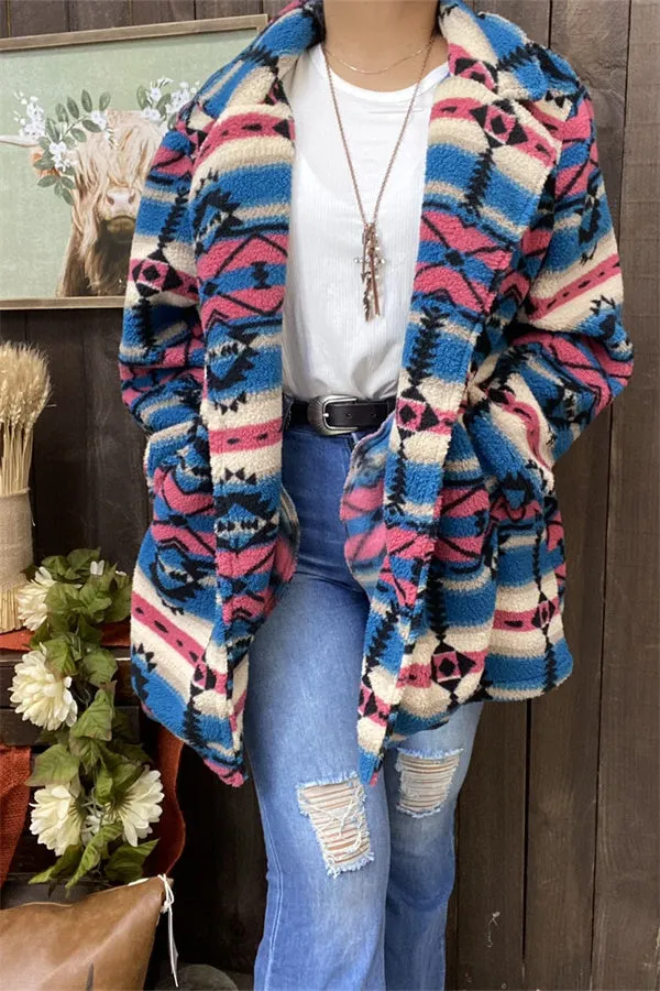 DLH14505 Aztec turquoise&fuchsia multi color printed  winter woolen fabric women coat for women