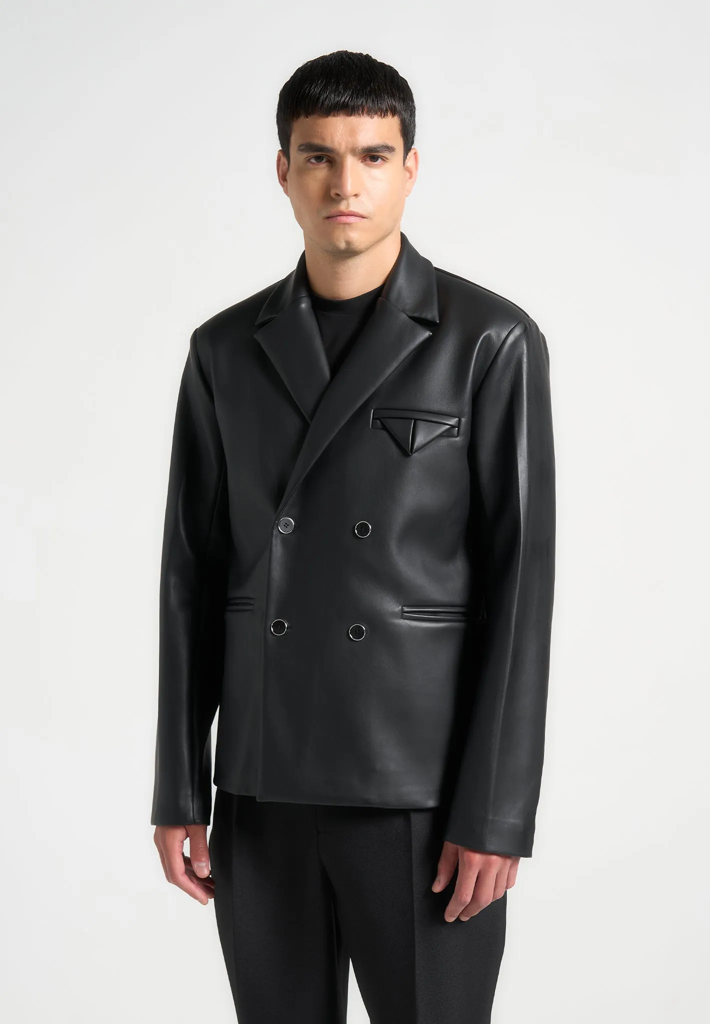 Double Breasted Leather Suit Jacket - Black