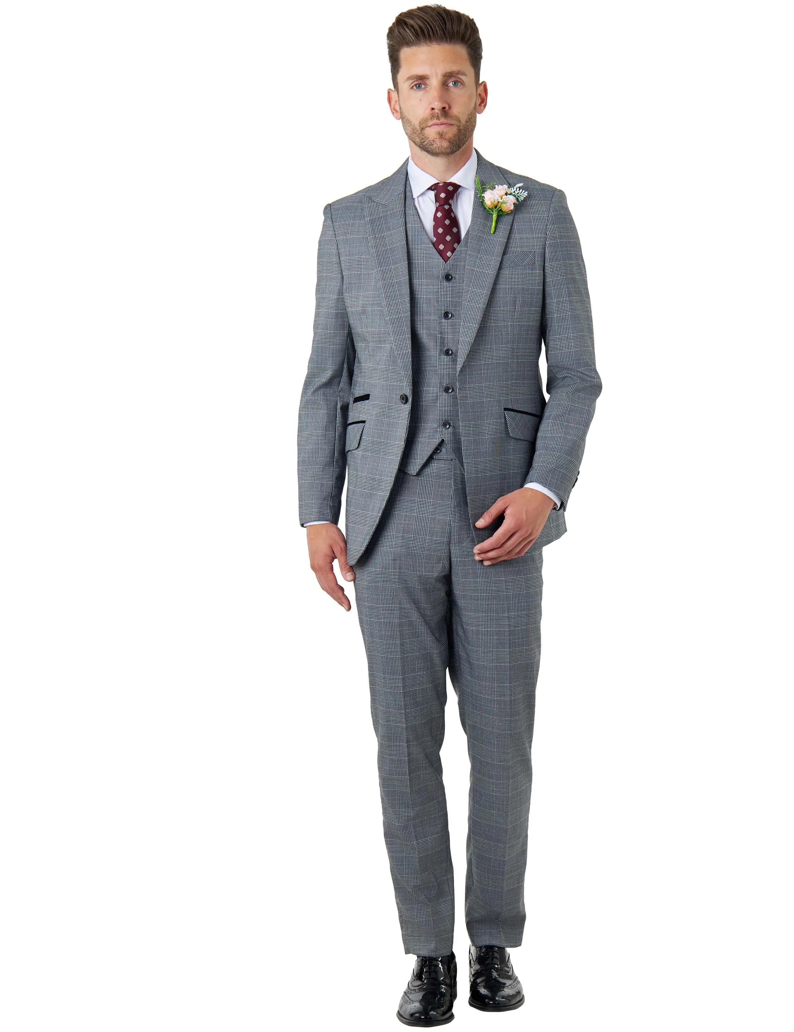 EKON - Grey Prince of Wales Check Suit 3 Piece Tailored Fit