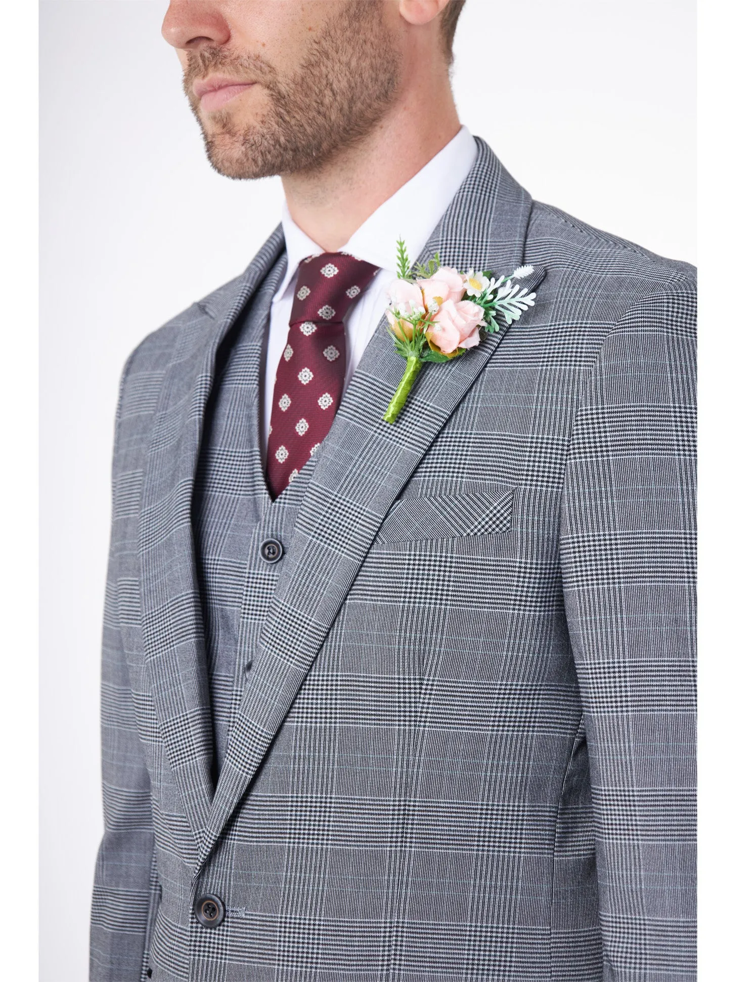 EKON - Grey Prince of Wales Check Suit 3 Piece Tailored Fit