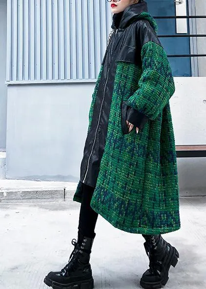 Elegant green woolen coats Loose fitting medium length coat patchwork hooded woolen outwear