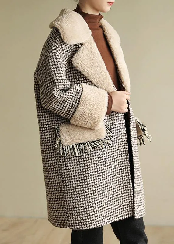 Elegant plus size winter coat patchwork jacket plaid two pockets woolen coats