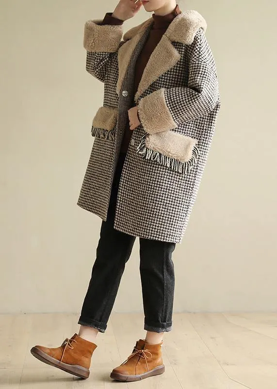 Elegant plus size winter coat patchwork jacket plaid two pockets woolen coats