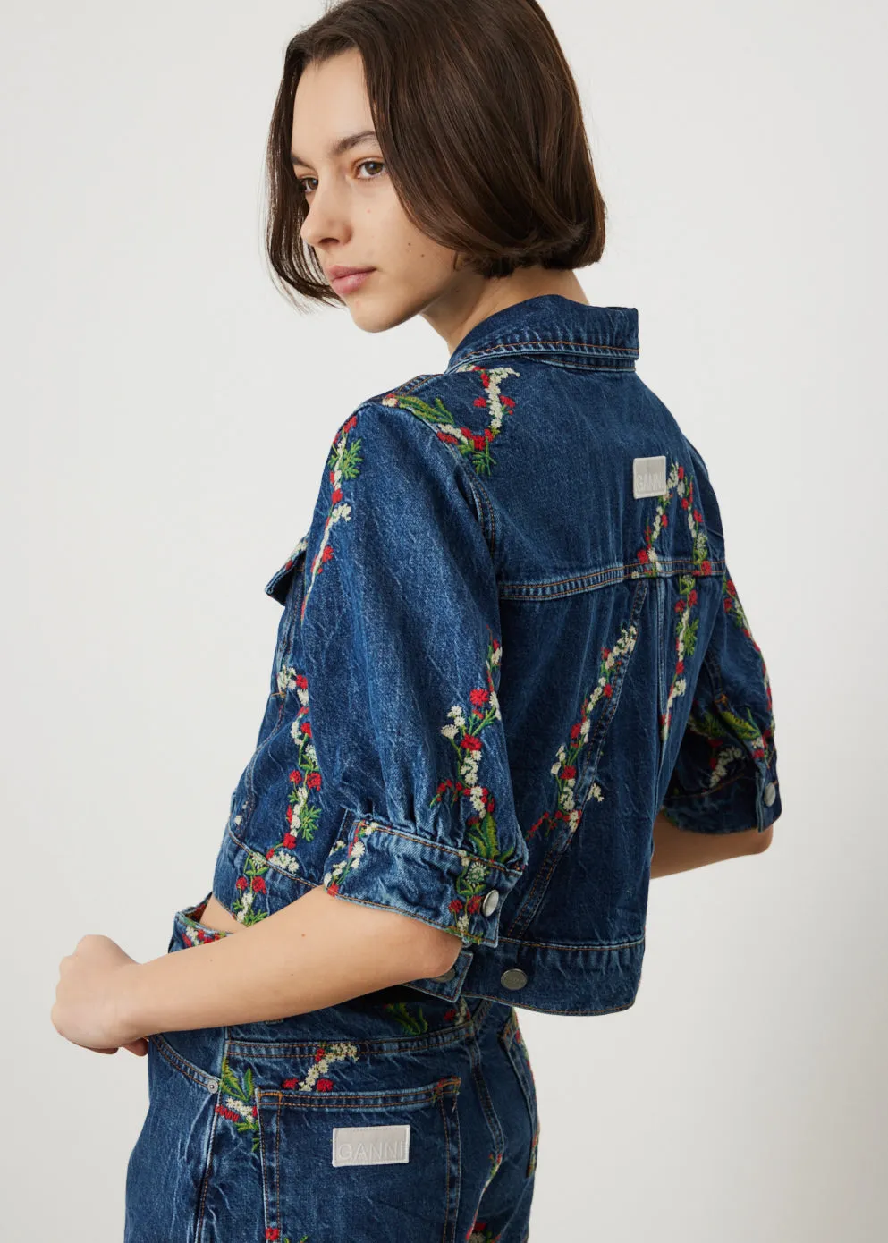 Embroidered Denim Puff Sleeve Jacket