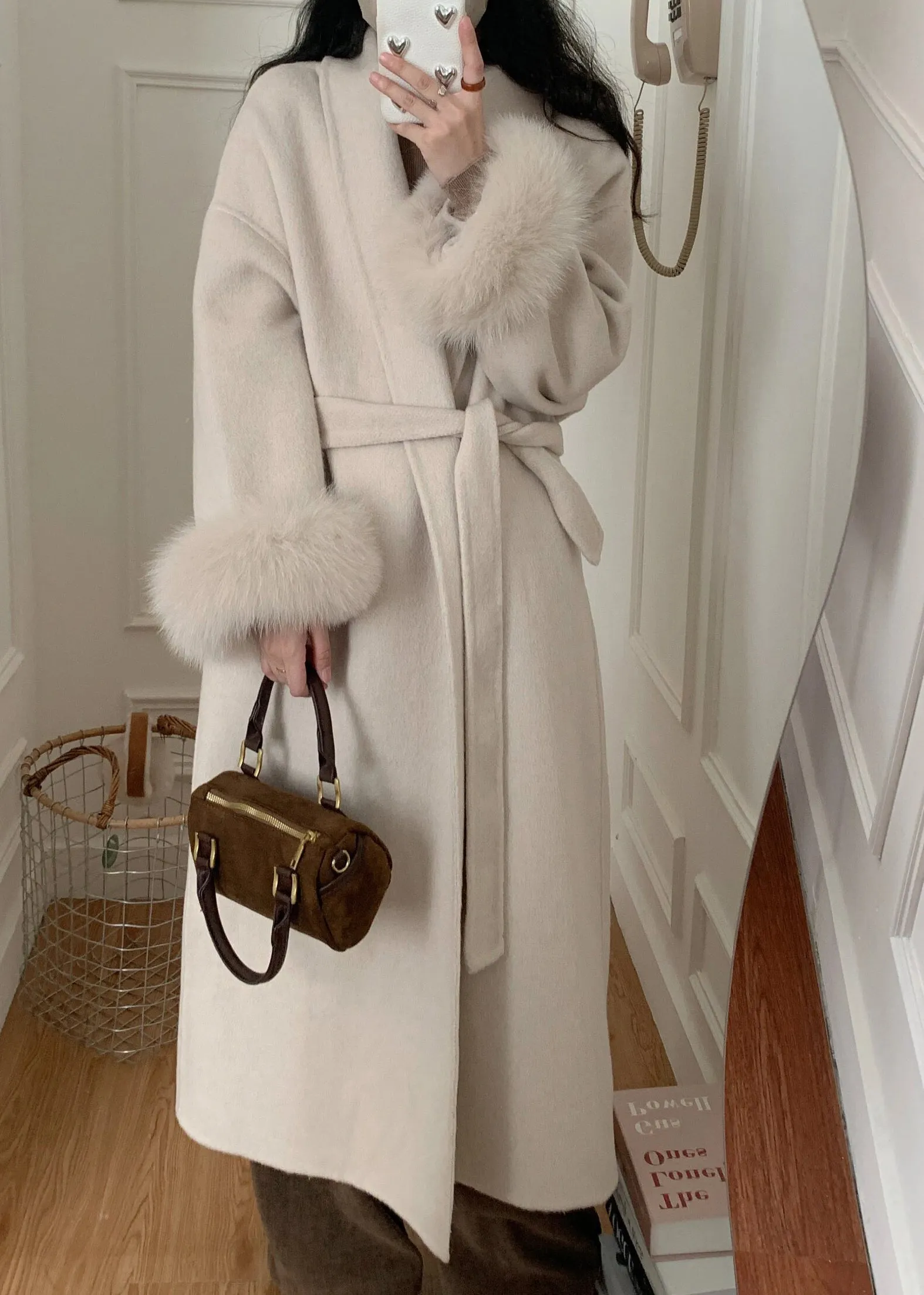 Fashion Grey Fox Fur Patchwork Woolen Duster Coat Winter RS043