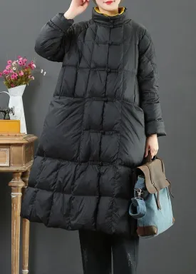 fine  Loose fitting long coat winter jacket black stand collar Chinese Button woolen outwear