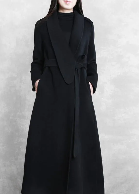 Fine Loose fitting maxi coat woolen outwear black tie waist pockets overcoat