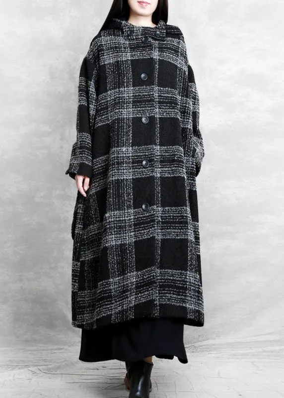 fine plus size clothing Winter coat outwear black plaid hooded patchwork Woolen Coats