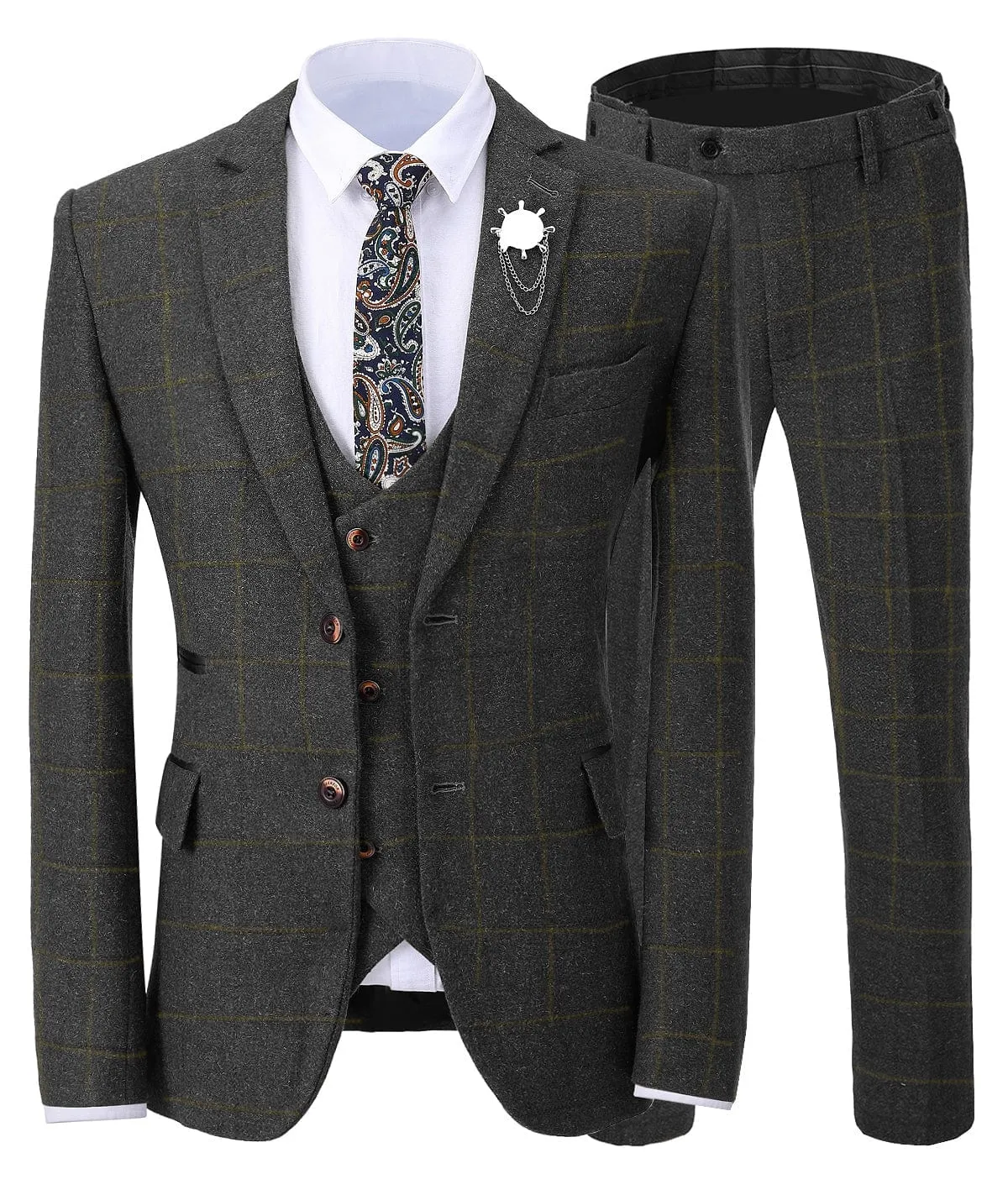 Formal 3 Pieces Tweed Plaid Notch Lapel Mens Suit (Blazer vest Pants)